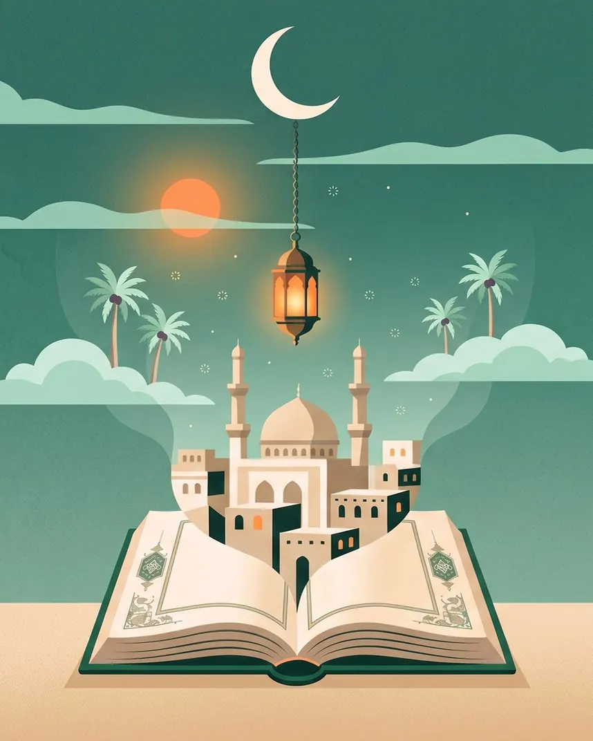 مدينة بقباب ومآذن تخرج من كتاب مفتوح تحت هلال وفانوس